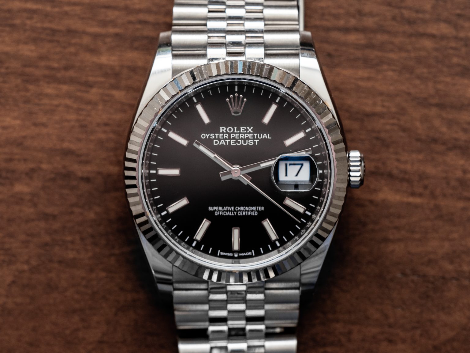 Dettaglio di un Rolex Datejust con quadrante nero